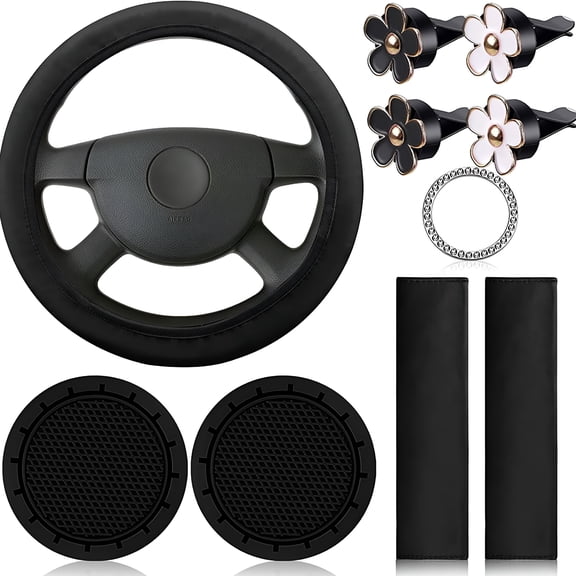 MELIVO 10 Pcs Leather Steering Wheel Cover For Women Cute Car Accessories Set With Seat Belt Shoulder Pads Cup Holders