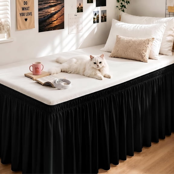 AUQ Dorm Bed Skirt Twin Xl 36In Drop Extra Long Bedskirt Easy to Put on Elastic Wrap Around Dust Ruffle Microfiber Fabric Machine Washable Black,Bed Decor