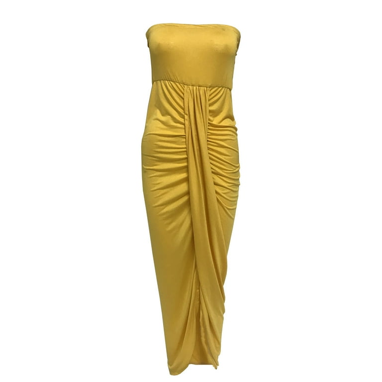 Tube Top Bodycon Long Dress for Women Sexy Elegant Tummy Control Ruched  Solid Split Maxi Dress Party Evening Gowns
