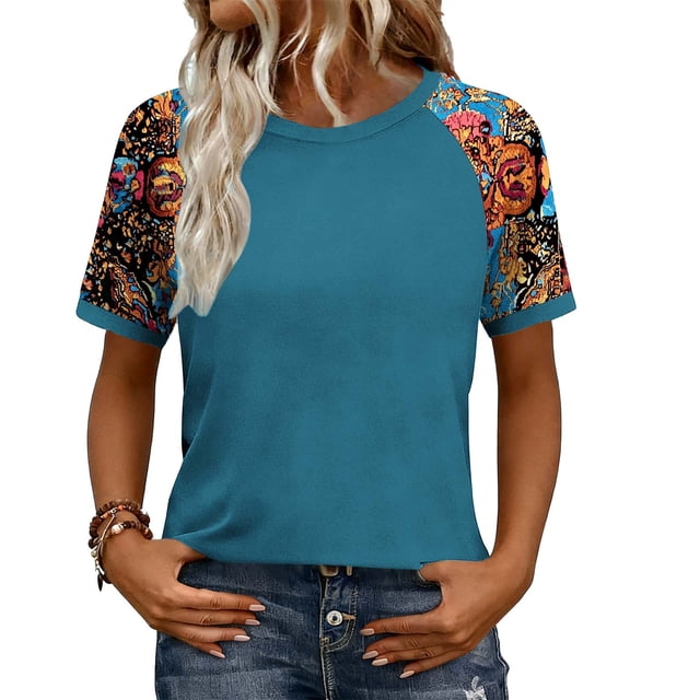 Tops de manga corta de mujer Casual Off Shoulder Raglan Print Blouse Summer Fashion Top