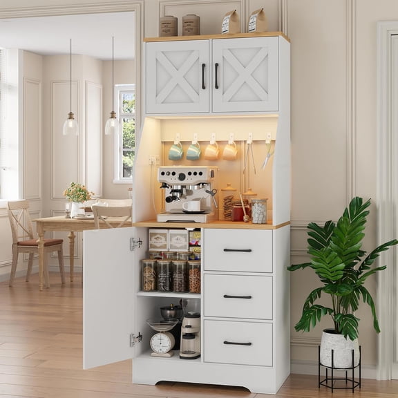 Pantry Cabinet with Adjustable Shelves and 3 Drawers, Tall Kitchen Pantry Storage Cabinet with LED Light & Charging Station, Kitchen Hutch with Microwave Shelf & 6 Hooks for Dining Room