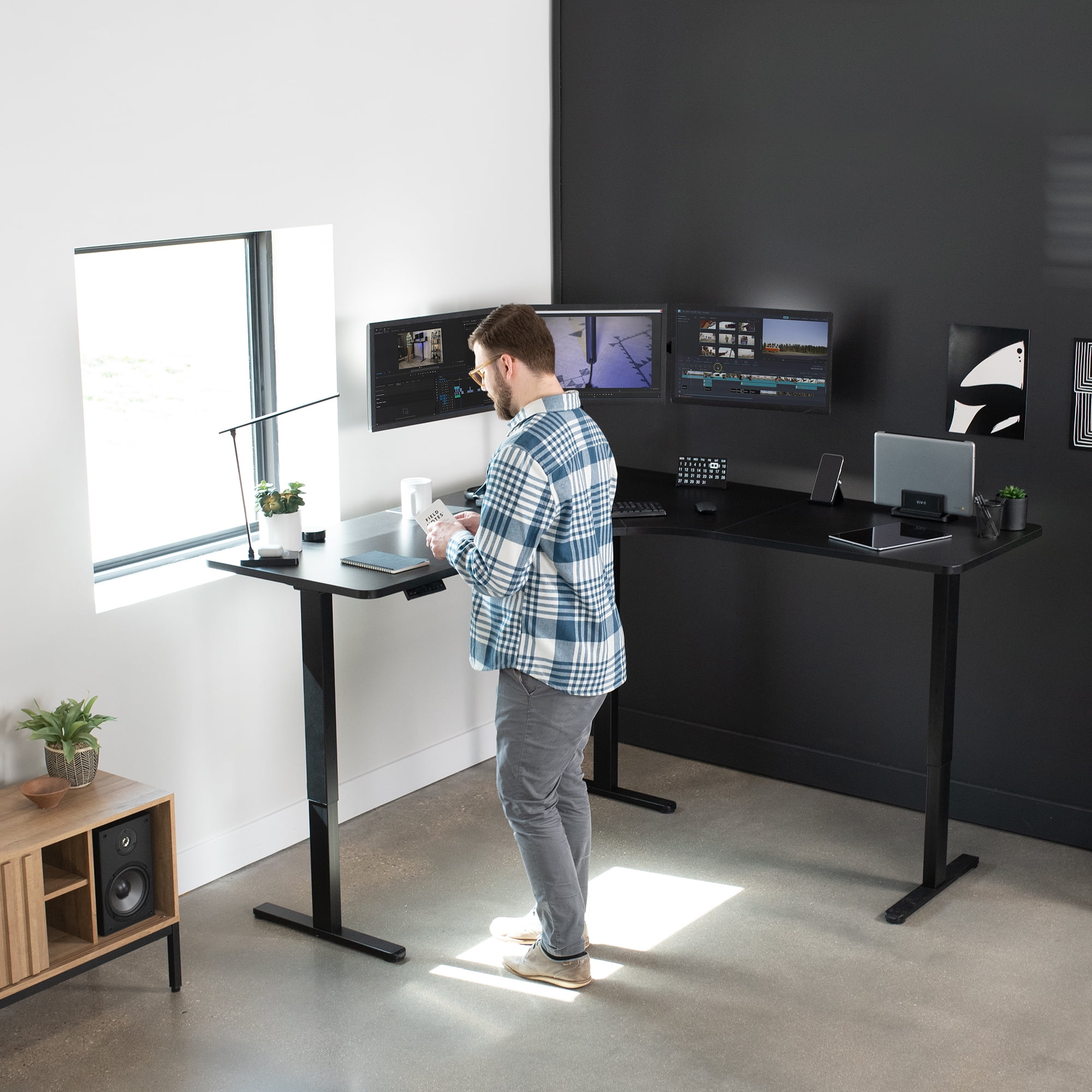 VIVO Black Electric 71" x 71" Curved Corner Stand Up Desk