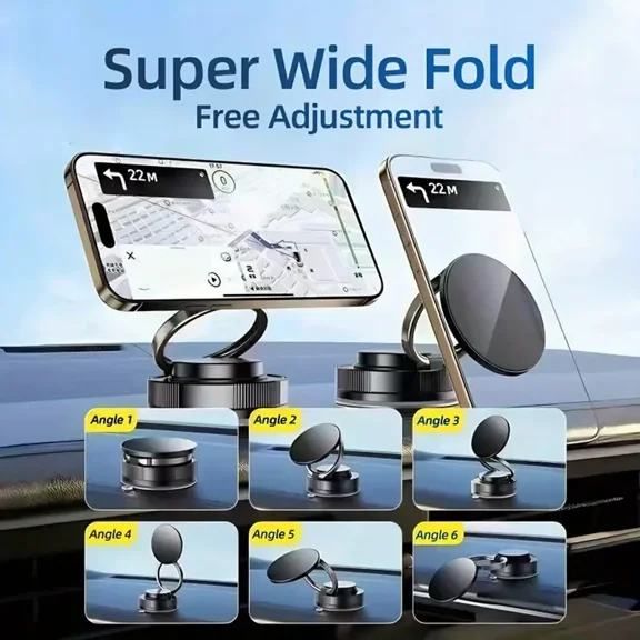 Vacuum Magnetic Suction Cup Phone Mount, 360° Adjustable Magnetic Phone Holder, Pocket Size Foldable Portable Cell Phone Holders for Your Car for All Smartphones
