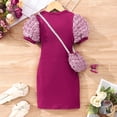 thumbnail image 4 of Knitted Dresses for Girls with Bag Size 3-8 Toddlers Kids Trendy Short Puffed Sleeve Crewneck Solid Color Stretchy Slim-Fit Bodycon Dress, 4 of 7