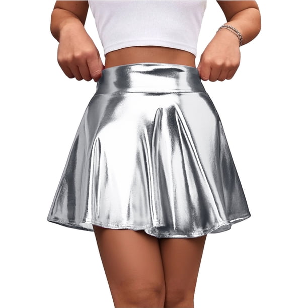 TaTaai Women Solid Color Shiny High Waist Mini Skirt Stretchy Fabric Soft Machine Washable No Fading Versatile Daily Party Street Casual Wear Above Knee Skirt Gift