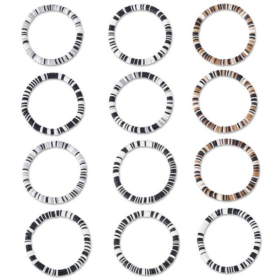 1set Handmade Polymer Clay Heishi Surfer Stretch Bracelets set Stackable Preppy Bracelets for Women Black Inner Diameter: 2-1/8 inch(5.3cm) 12pcs/set