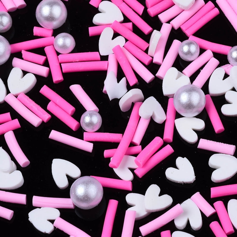 Handmade Polymer Clay Cabochons Fashion Nail Art Decoration Accessories with Plastic Imitation Pearl Beads Mixed Shapes Hot Pink 2~12x1.5~5x1~5mm