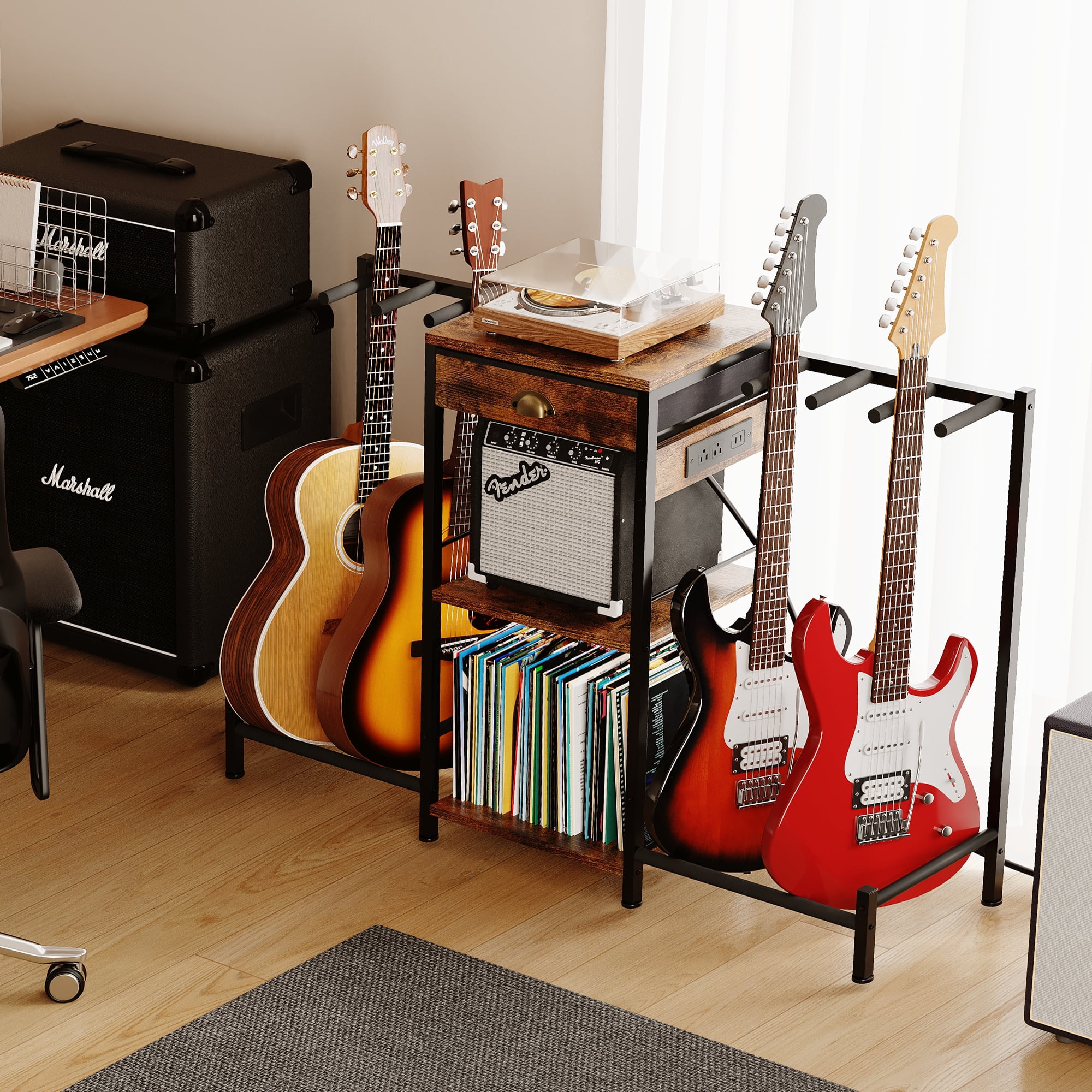 Homeiju 6-Guitar Floor Stand with Charging Station & 3-Tier Storage, Guitar Rack with Amp Stand & Cloth Drawer, Rubber Protected Guitar Holder for Studio/Home , Heavy Duty Metal Frame​