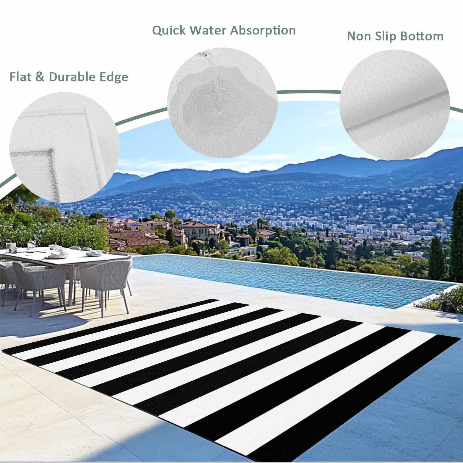 Outdoor Rug 6x9 ft Black and White Striped Pattern Waterproof Outdoor Patio Rug Mat Non Slip Outside Area Rugs Carpet for RV,Camping,Porch,Deck,Pool,Balconybackyard,Minimalist