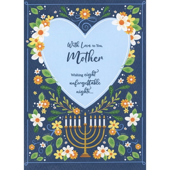 Designer Greetings Wishing Eight Unforgettable Nights: Blue Heart, Menorah and Flowers Hanukkah Card for Mother