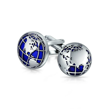 Globe World Map Blue Round Cufflinks For Men Shirt Cuff Links Hinge Back Silver Tone Brass Steel