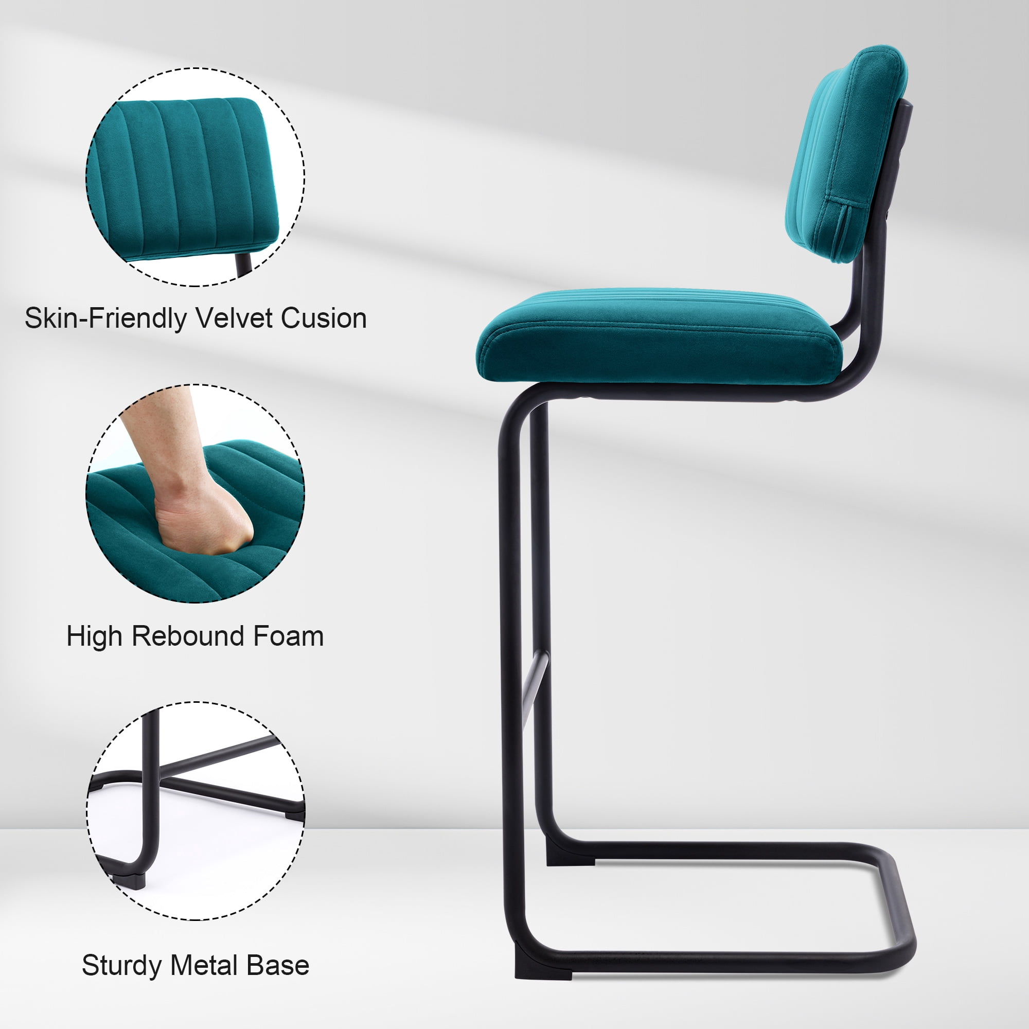 ONEVOG 30''H Bar Height Stools Set of 2, Morden Barstools with Velvet and Black Metal Legs, Upholstered Bar Stool for Kitchen Island, Teal