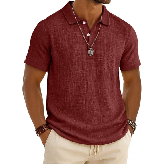 Men's Linen Short Sleeve Summer Beach Shirts Button Down Regular Fit Solid Color Henley Shirt Casual Lightweight Polo Tops