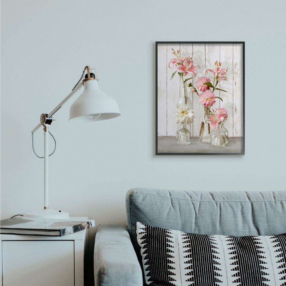 Stupell Industries Spring Pink Florals in Glass Jars Feminine Rustic Flowers Framed Wall Art Design by Ziwei Li, 24" x 30", Black Framed