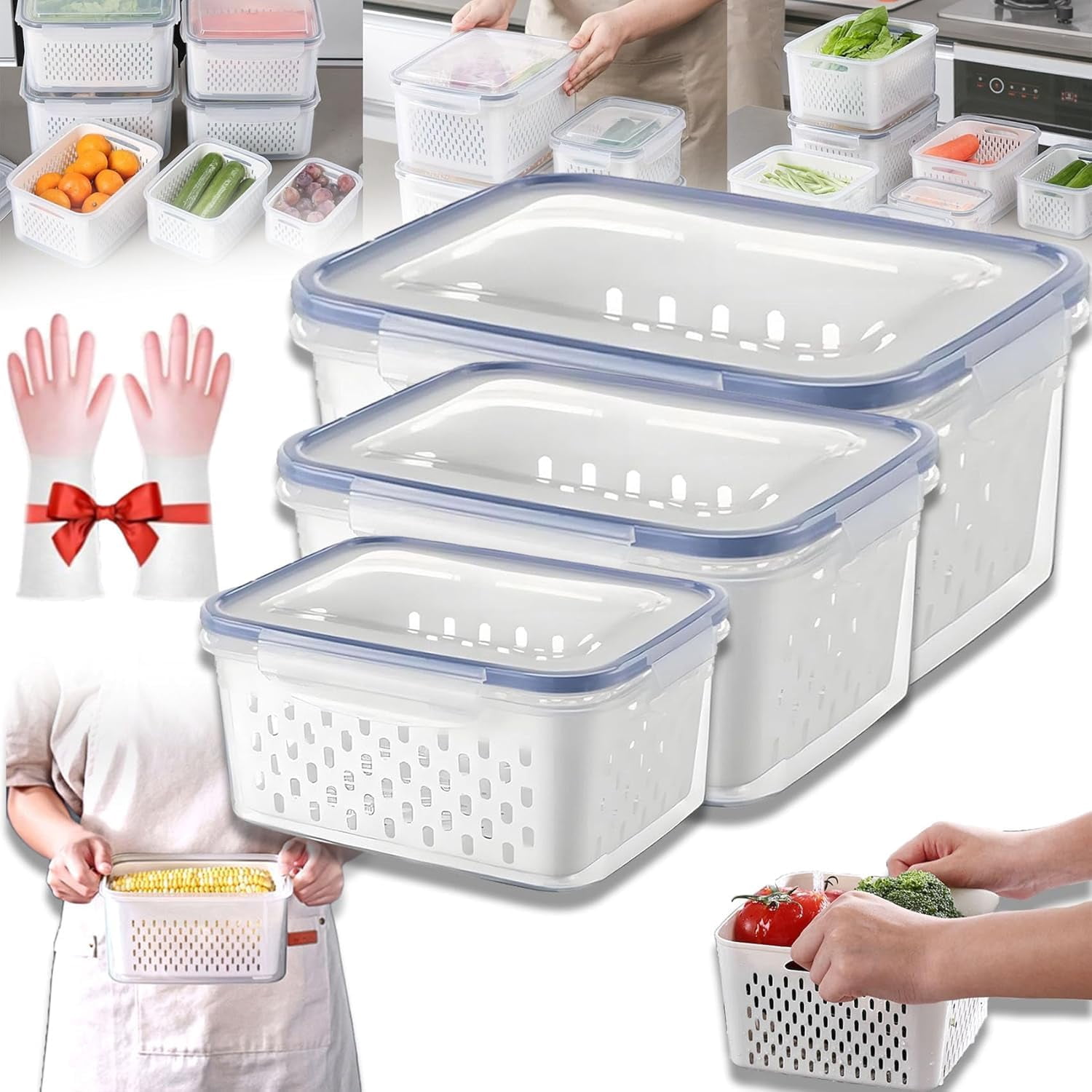 4 in 1 Food Storage Container, Produce Keeper Containers for Fridge, Household Transparent Plastic Food Storage Box-Including Drain Basket, For Vegetable and Berry, Kitchen Organizer