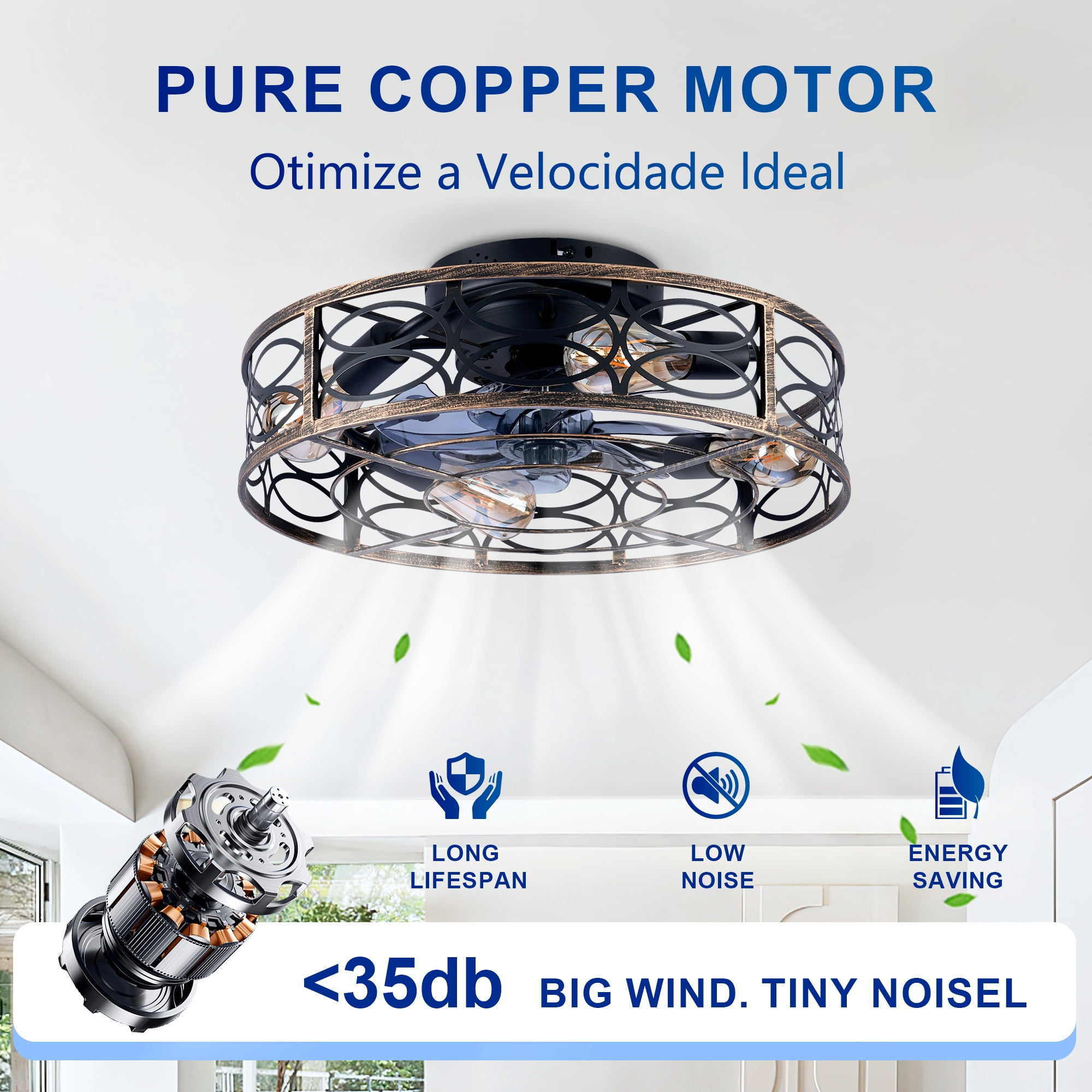Leumius 20" Low Profile Caged Ceiling Fans with Lights and Remote, Farmhouse Flush Mount Ceiling Fan with 6 Speeds Reversible Motor for Living Room Bedroom Dining Room(NOT Included Bulbs)
