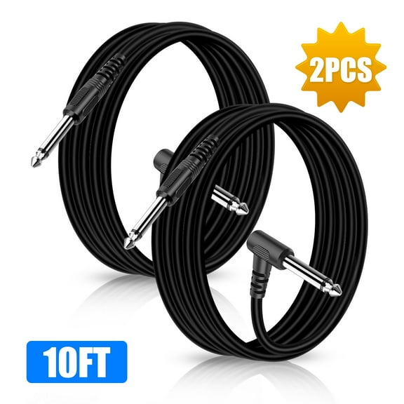 Guitar Cable [2Pcs], DISEN 10ft Guitar Instrument Cable for Guitar/ Bass/ Electric Guitar/ Electric Mandolin, 1/4" Right Angle to Straight, 6.35mm Plug Guitar Cord, Black