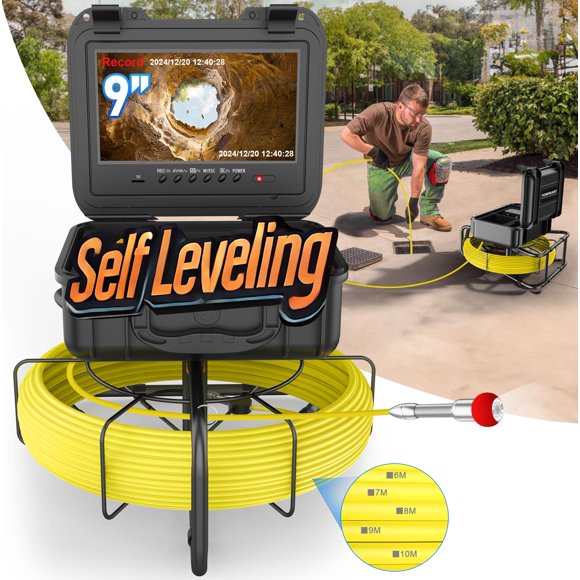 Cámara de inspección de tuberías PeachLeaf 200 ft 9" HD con nivelación automática