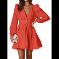 thumbnail image 1 of Vestido Mini de Larga con Escote en V Profundo para Mujer, Corte A, Cintura Alta, Informal, Fluido, Ideal para Invitadas A Cócteles y Bodas Naranja Rojo L, 1 of 8