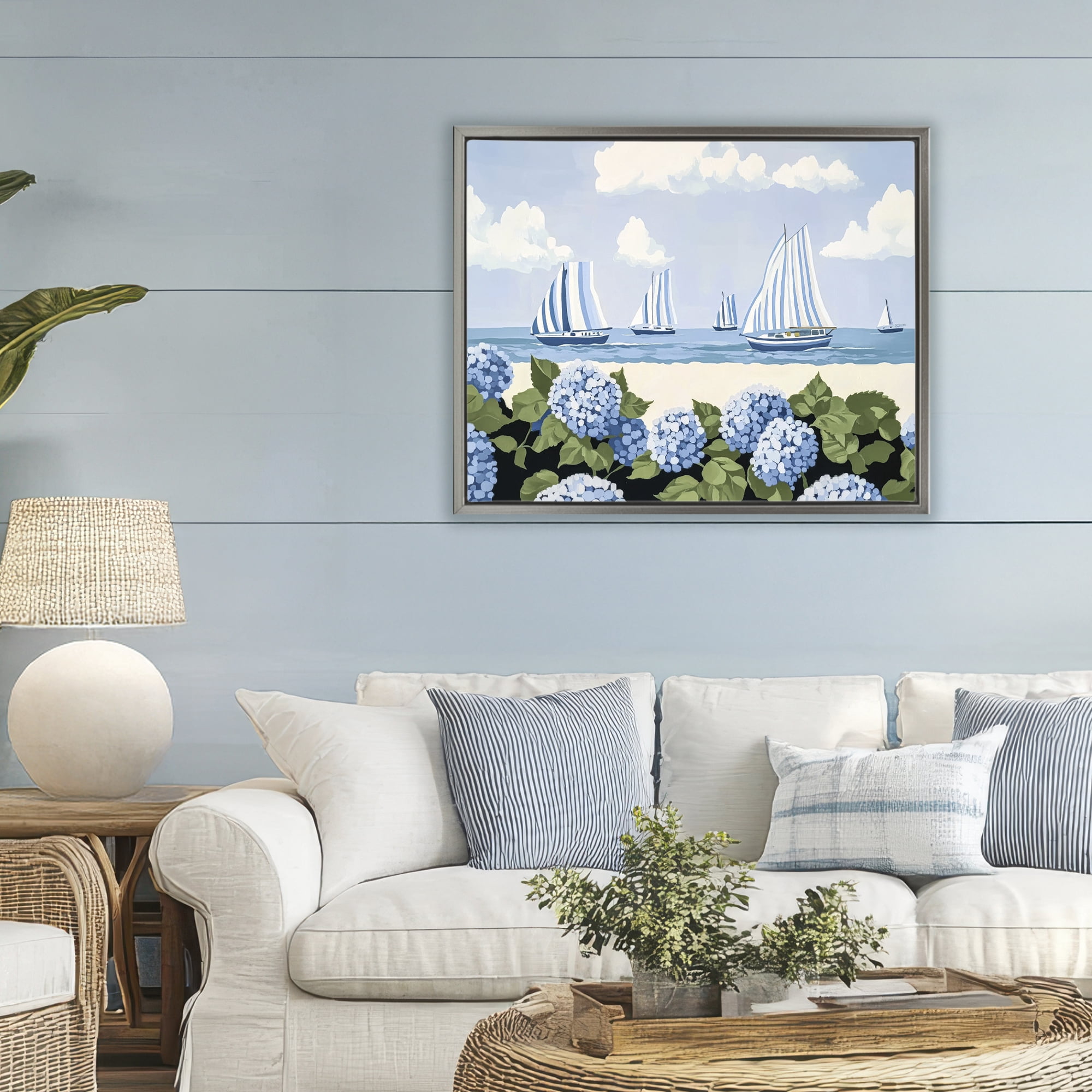 Stupell Industries Striped Sails & Seaside Hydrangeas Gray Framed Floater Canvas Wall Art, design by Sisi and Seb