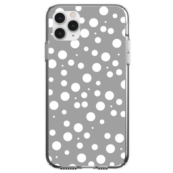 DistinctInk Clear Shockproof Hybrid Case for iPhone 11 Pro (5.8" Screen) - TPU Bumper, Acrylic Back, Tempered Glass Screen Protector - Grey White Bubbles Polka Dots - Polka Dot Pattern