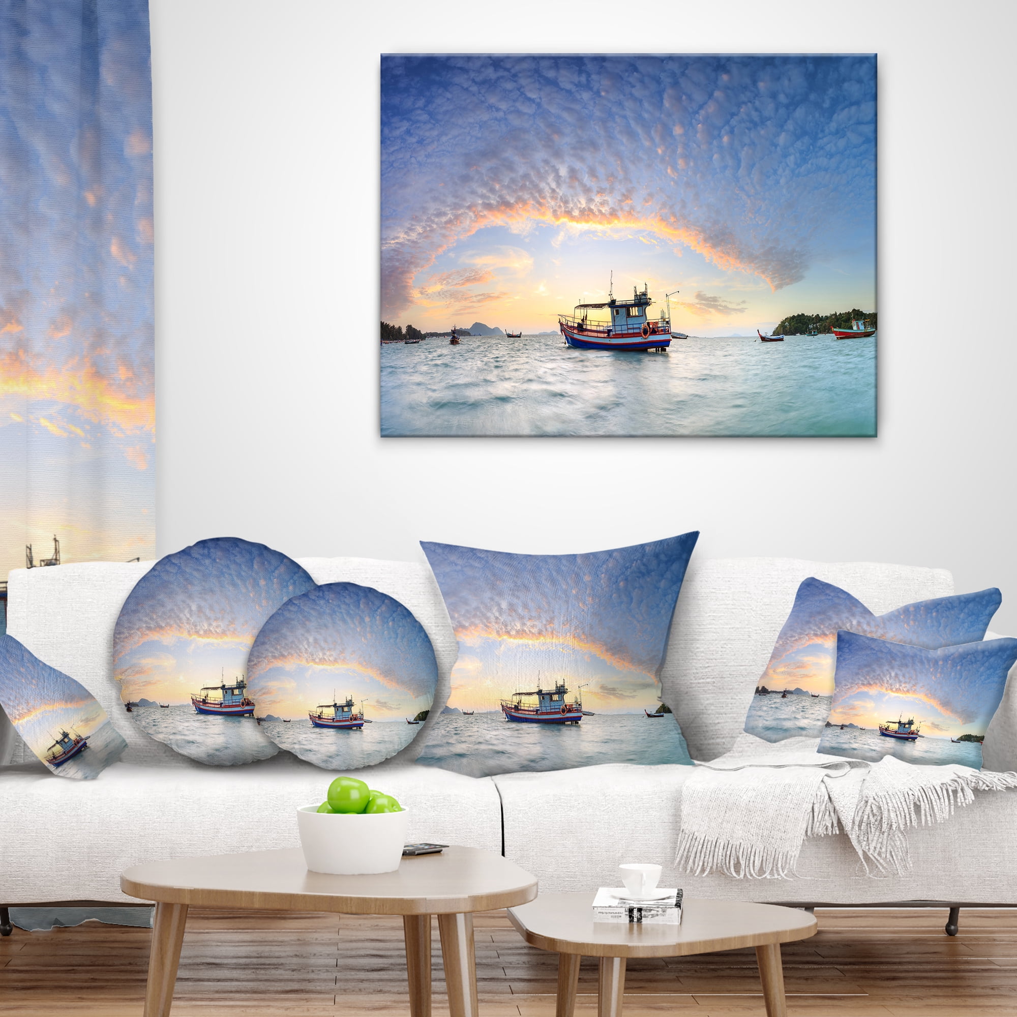 Designart Fishing Boat at Phuket Sunrise Beach - Modern Seascape Throw Pillow - 16x16