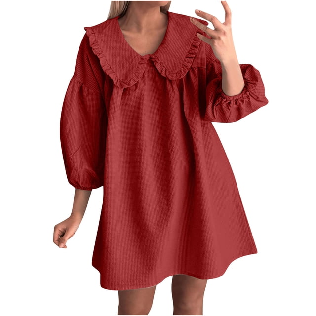 Vestido de Camisa en Cuadro para las Mujeres 3/4 Manga Puff Muñeca Collar Suelto Mini Vestido, Poliéster Spandex