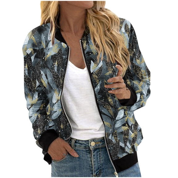 WAGUTH Womens Multi-Pattern Print Zip Up Bomber Jackets Long Sleeve Casual Lightweight Jacket with Rib Trim for Spring Fall Wear