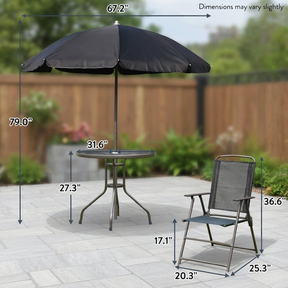Resenkos 6-Piece Outdoor Dining Set for 4 – Round Tempered Glass Table, 4 Foldable Mesh Chairs & 67in Ruffled Patio Umbrella – Black and Coffee