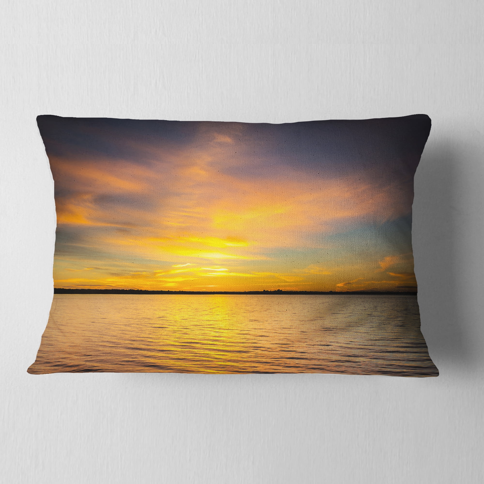 Designart Yellow Sunrise Light Hitting Waters - Seashore Throw Pillow - 12x20