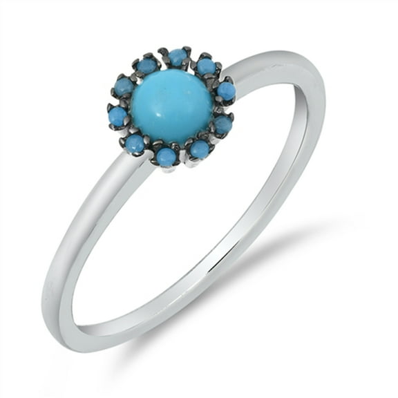 Simulated Turquoise Blue Flower Halo Dainty Ring .925 Sterling Silver Band CZ Female Size 6