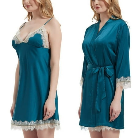Uncia Active Womens Lingerie Set 2pcs Lace Trim Chemise Babydoll Sleepwear with Kimono Robe