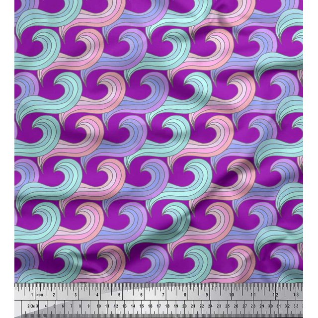 Soimoi Purple polyester Crepe Fabric Artistic Waves Abstract Print Fabric by the Yard 52 Inch Wide