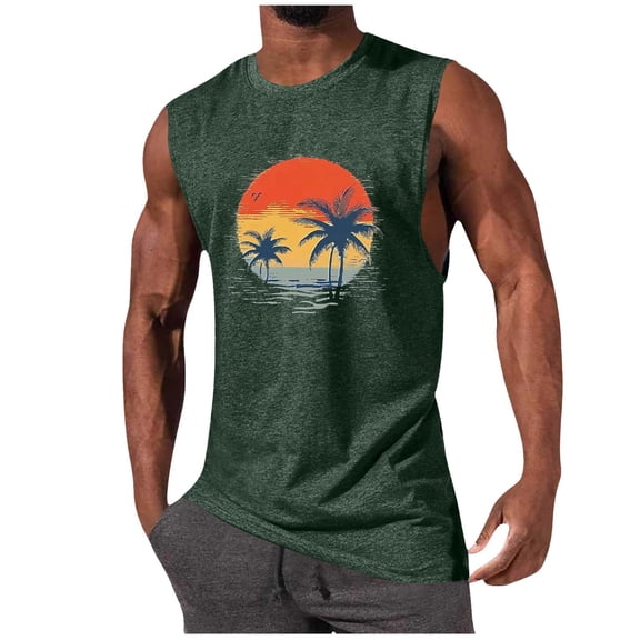 JSheng Mens Hawaiian Tank Tops Trendy Breathable Hawaiian Printed Gym Workout Summer Sleeveless T-Shirt for Man Army Green L