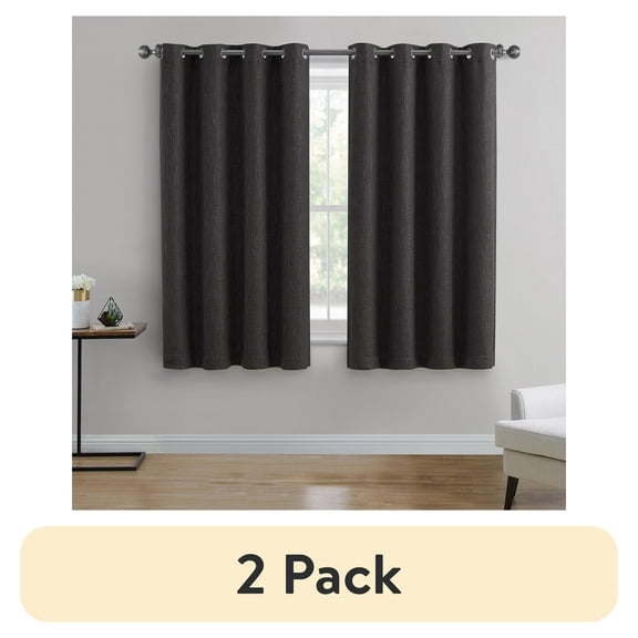 (2 pack) Better Homes & Gardens Solid Woven Textured Grommet Blackout Curtain Panel, 1-Piece, Black, 50" W x 63" L