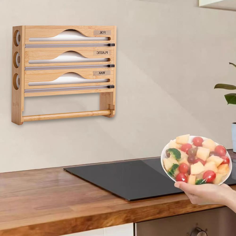 Pekkaxy Bamboo Cling Film Dispenser, 14.24 x 11.70 x 2.93 in, 3-Slot Organizer with Paper Towel Holder, for Efficient Kitchen Food Wrap and Meal Prep