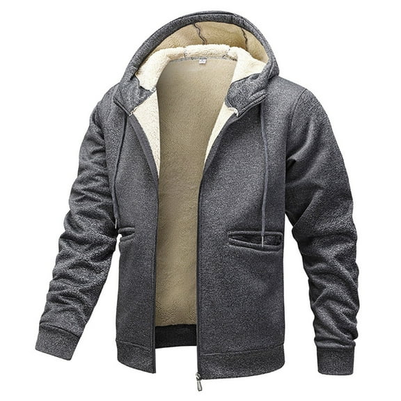 hlysgo Mens Fleece Lined Jackets Thicken Long Sleeve Zip up Cargo Jacket with Hood Big Men's Winter Coats Business Casual Work Outerwear Coat Gray M