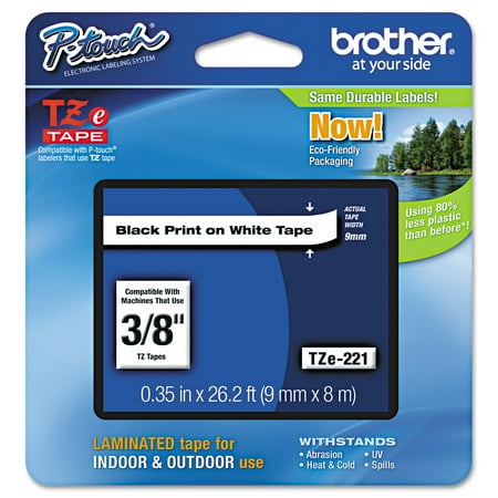 Brother P-Touch TZe Standard Adhesive Laminated Labeling Tape, 3/8"w, Black on White