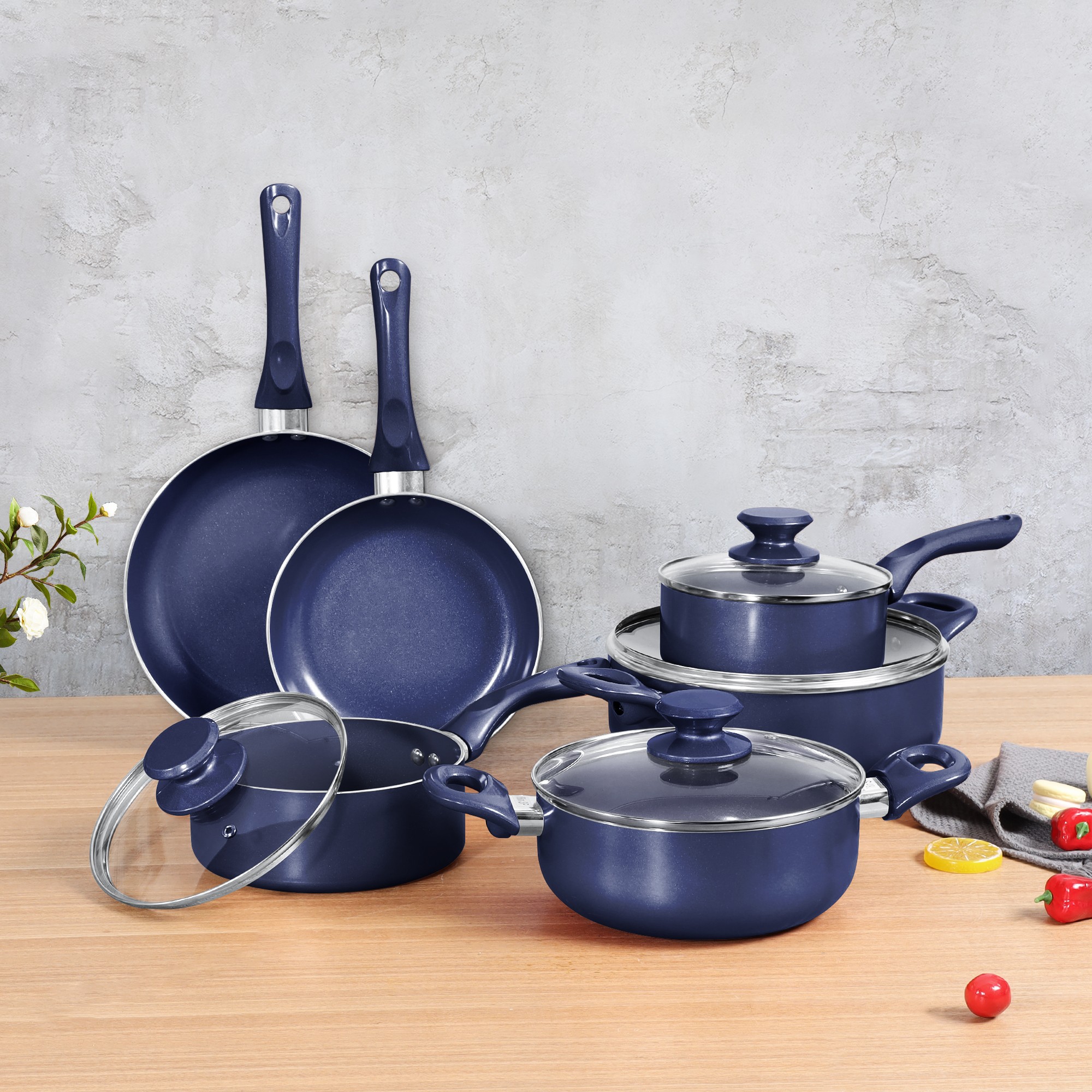 Scafild | 10-Piece Ceramic Nonstick Aluminum Cookware Set - Drill Blue