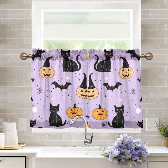 Yayeee Kitchen Curtains Tier Pair Light Filtering 27"x36" Rod Pocket Short Cafe Window Panel, Light Purple Halloween Black Cat