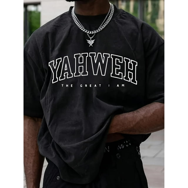 Camiseta de verano para hombre con monograma de Yahvé: cuello redondo, ligeramente elástica, corte regular, letras entrelazadas, estilo informal, tejido de punto, ideal para el verano. 1 pieza, 100 %