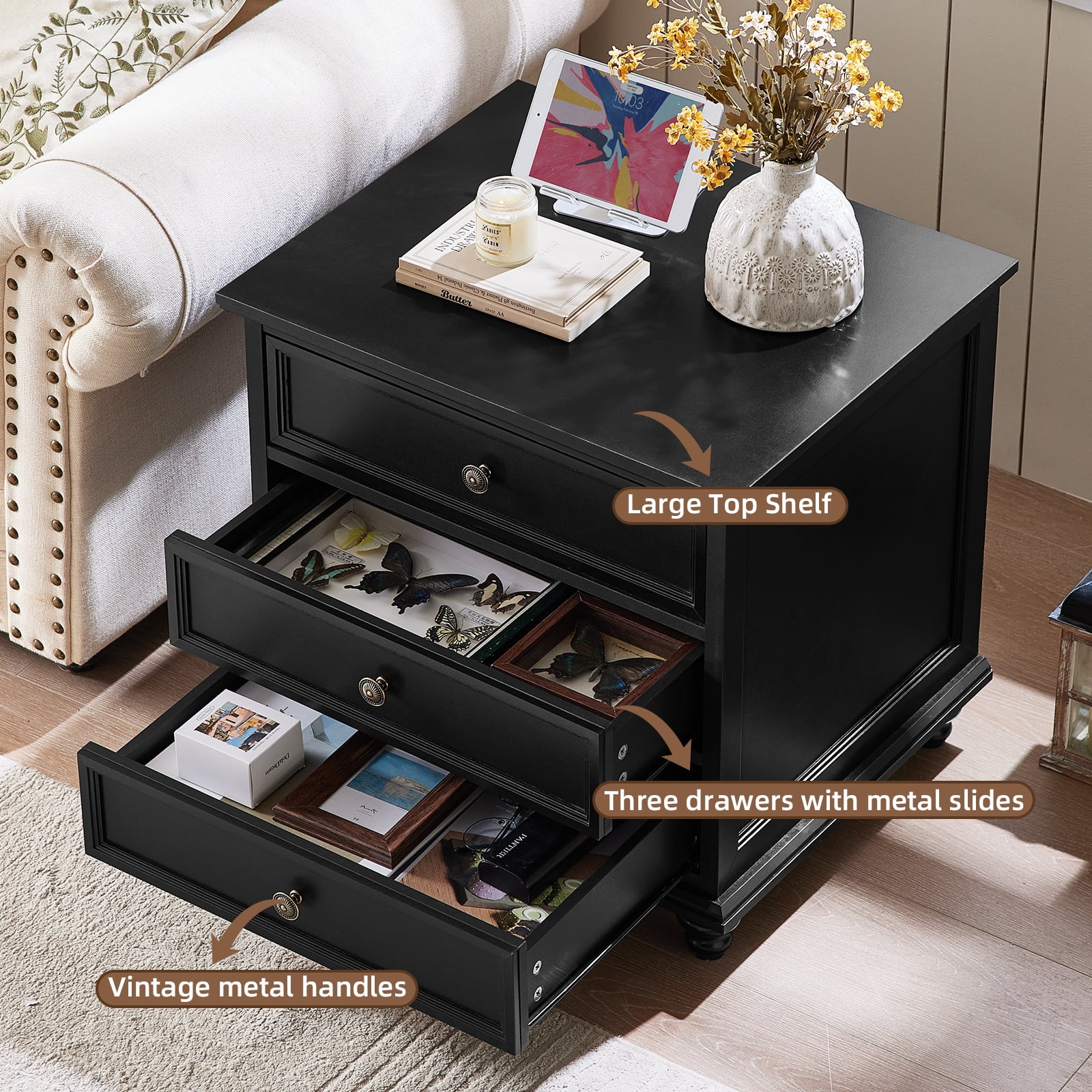 Joaxswe Farmhouse Night Stand, End Table with 3 Drawers & Metal Handle, Black Dresser for Bedroom, Bed Side Table Chest of Drawers Cabine for Living Room,Closet