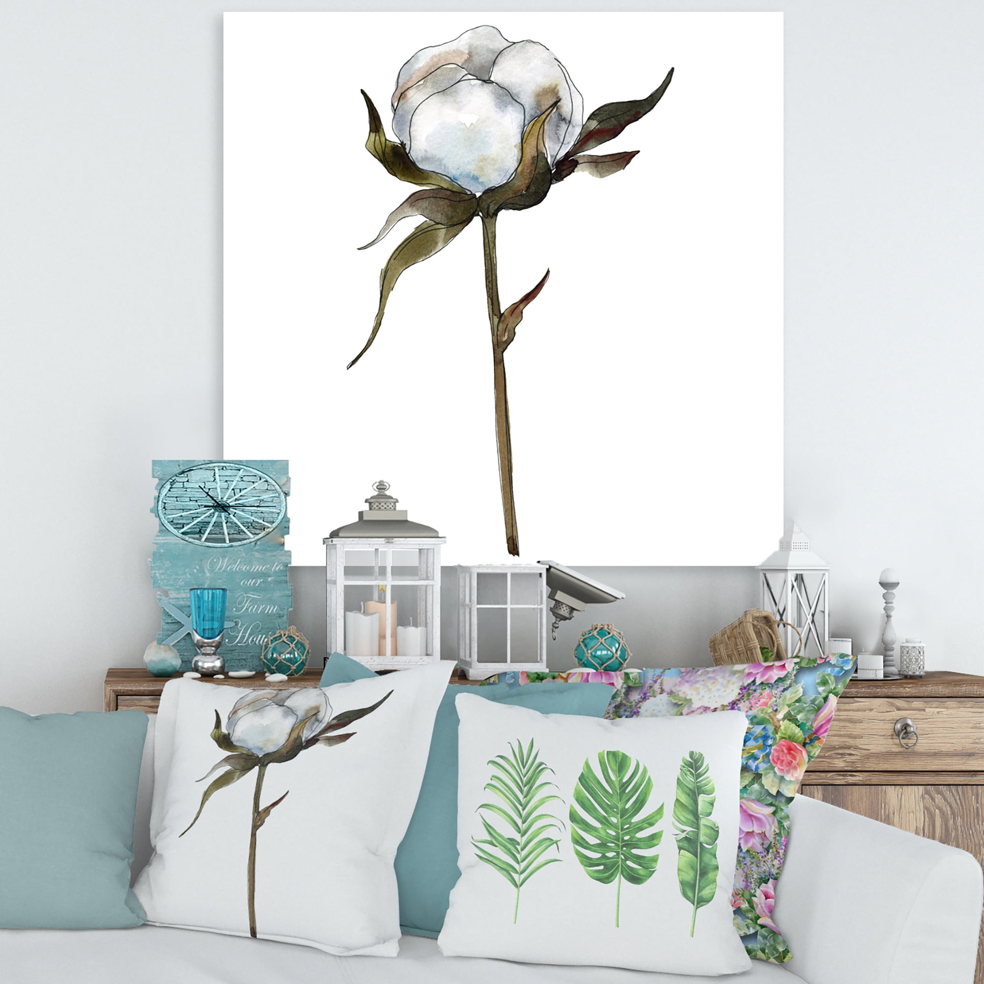 Designart ' Cotton Flower Retro Style ' Traditional Canvas Wall Art Print