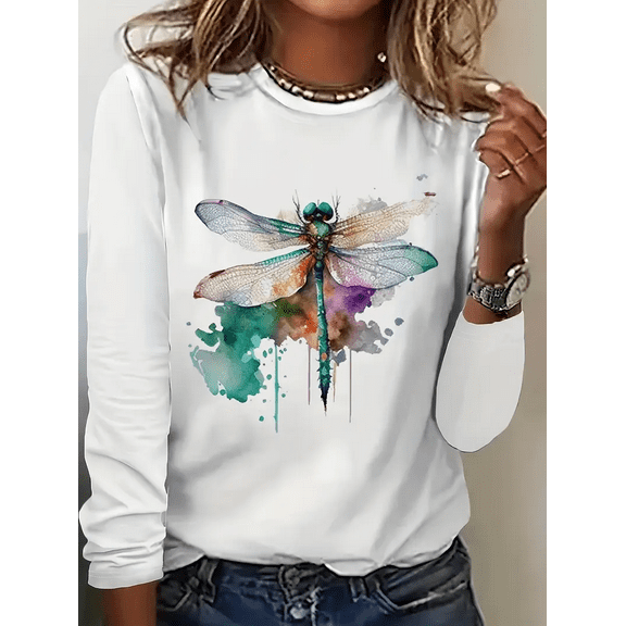MORTTIC Women's Trendy Dragonfly Graphic Long Sleeve Pullover Tee – Fall & Winter Casual Basic Top, S