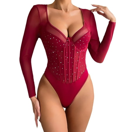 Midwennn Christmas Women Lingerie Sexy Lace Bodysuit Deep V Teddy Lace Shapewear Bodysuits Womens Christmas Lingerie plus Size Satin Lingerie for Women 3x