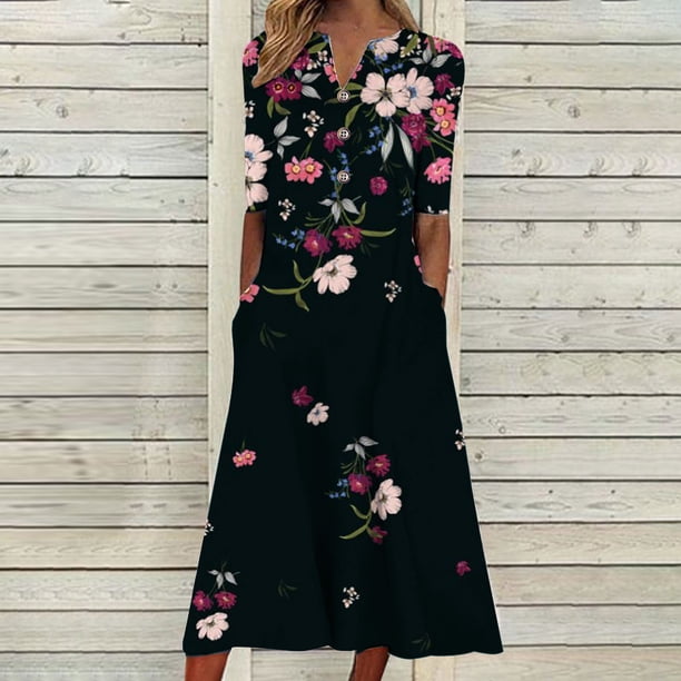 ICHUANYI Clearance Fashion Women Summer Printing Causal V-Neck Button Short Sleeve Vacation Pockets Dress(Black, XXL) ICHUANYI WER2023081200292