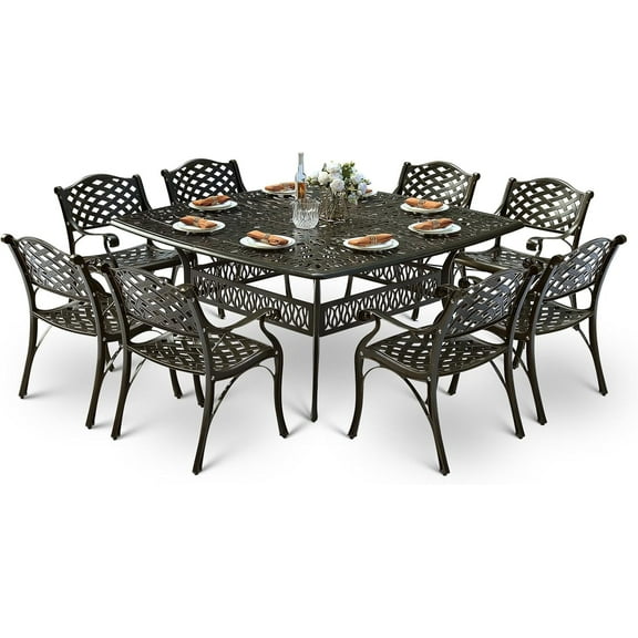 9-Piece Patio Cast Aluminum Dining Set, Outdoor Table and Chairs Set for 8, Includes 64" Large Square Dining Table and 8 Chairs with Umbrella Hole, Patio Furniture Set for Deck Garden