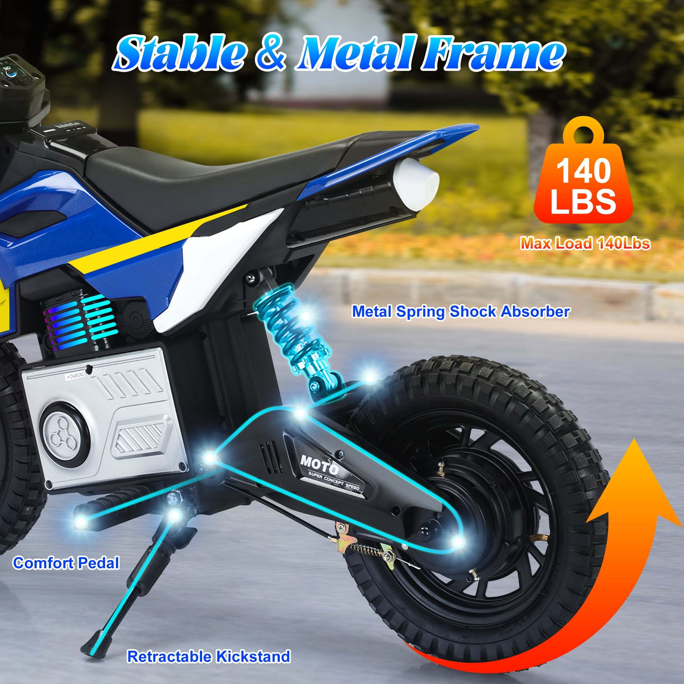 Skyhot 24V Electric Dirt Bike for Kids, 15km/h Electric Motorcycle Beginners Friendly, Power Display, Brushless Electric Machine, Rear Spring Suspension, 2-Speed Modes for Kids Ages 3-8, Blue