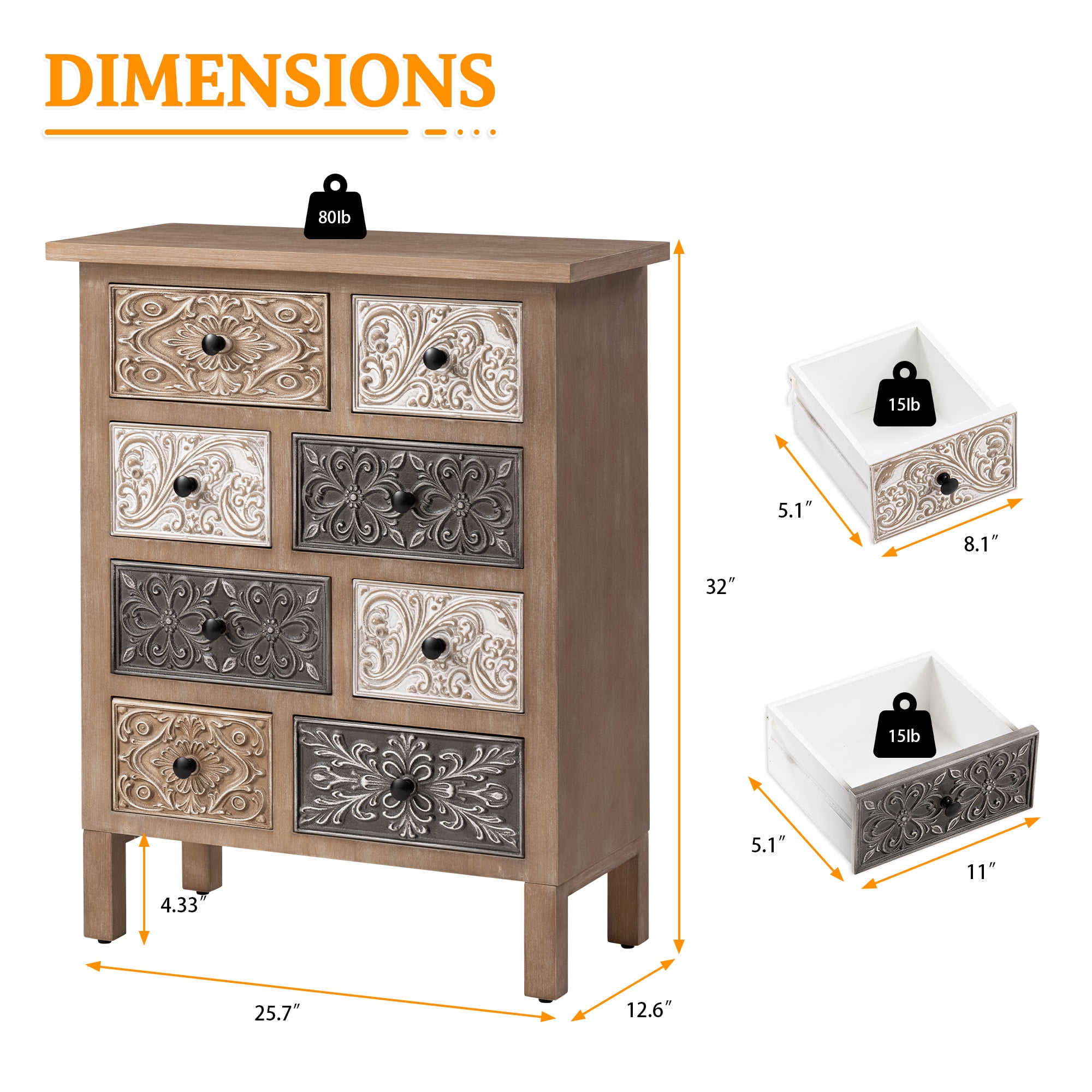 VENTOPYR 8 Drawer Dresser for Bedroom,Farmhouse Chest of Drawers with Vintage Engraved Pattern