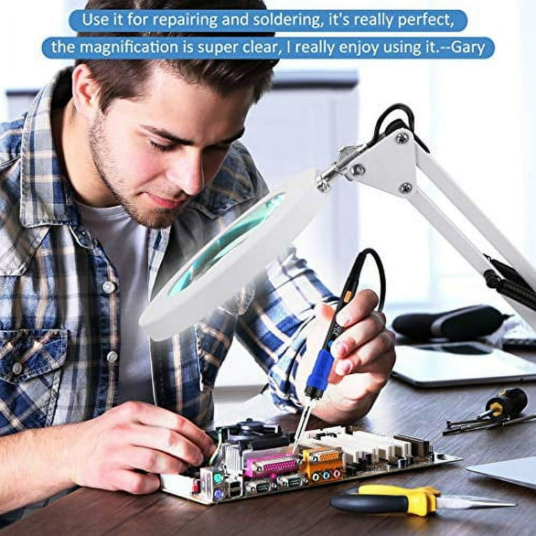 LANCOSC 10X Magnifying Glass with Light and Stand, Real Glass Lens 3 Color  Modes Stepless Dimmable, Hands Free Adjustable Arm LED Lighted Magnifier